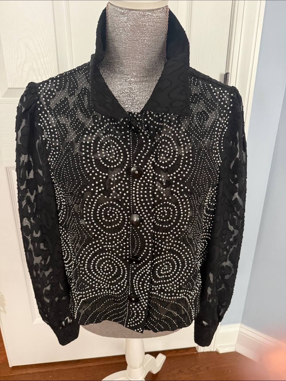 berek Black Sheer-Sleeve Button-Front Jacket Top/Sheer with Silver Stud Swirls